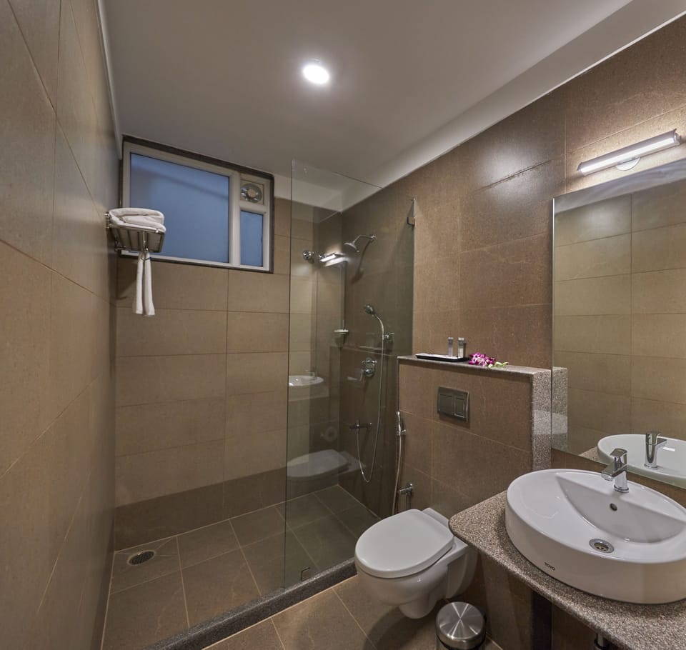 Deluxe Double Room | Bathroom | Shower, rainfall showerhead, hair dryer, slippers