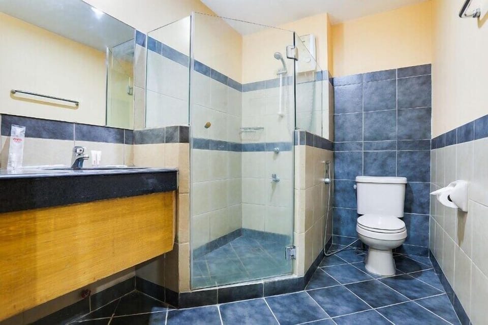 Shower, rainfall showerhead, free toiletries, hair dryer