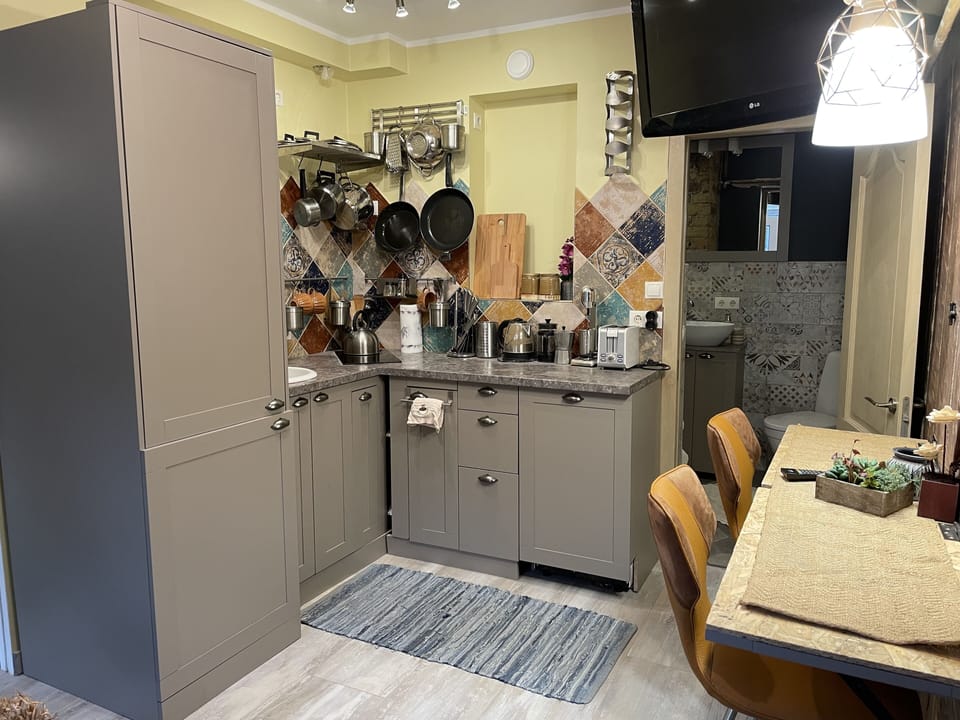Basic Apartment | Private kitchen | Fridge, electric kettle, toaster, cookware/dishes/utensils