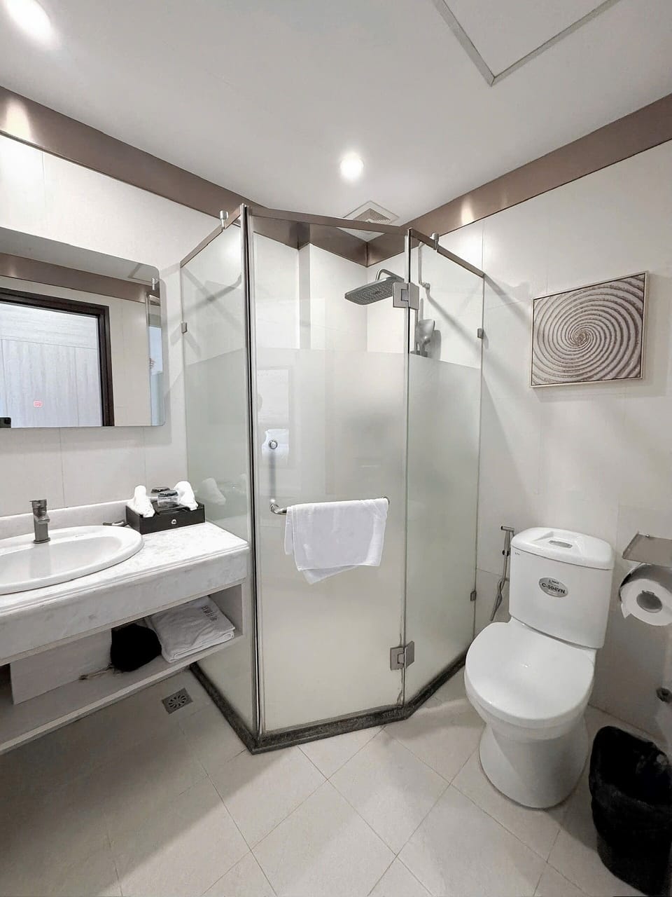 Hair dryer, bathrobes, slippers, towels