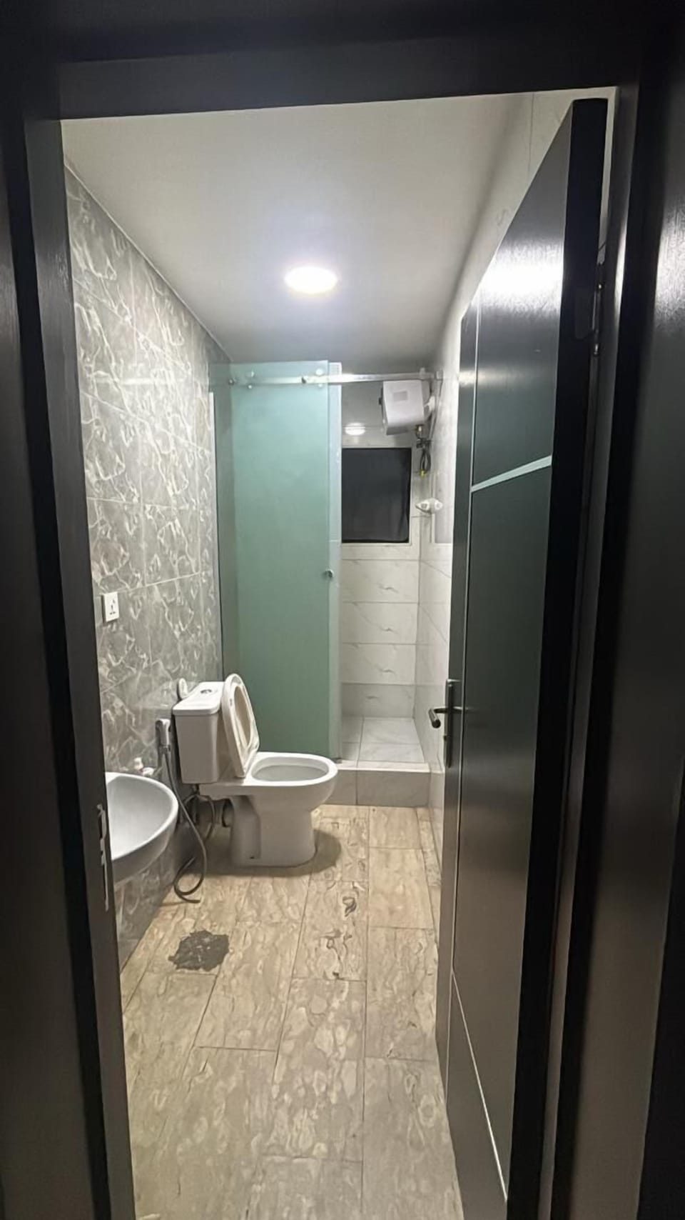 Shower, rainfall showerhead, bathrobes, slippers
