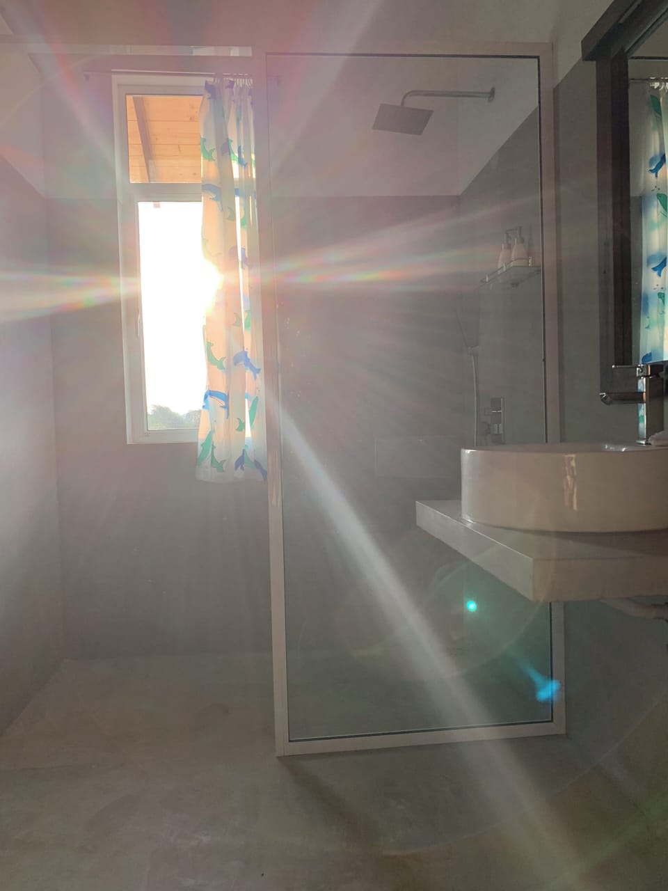 Shower, rainfall showerhead, hair dryer, bathrobes