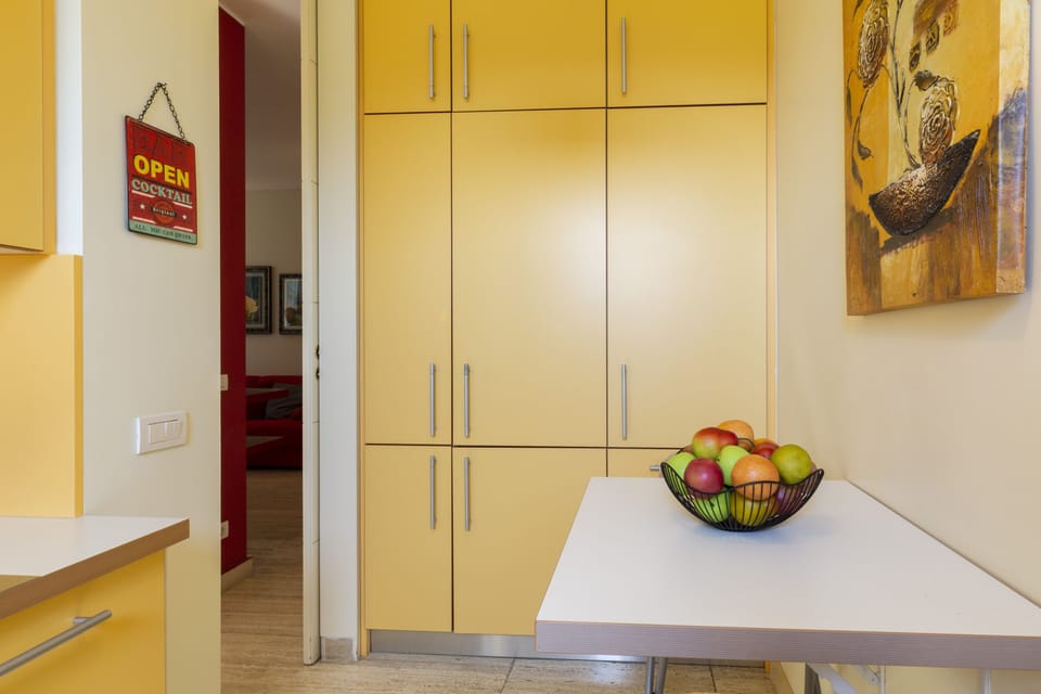 Design Apartment | Private kitchen | Full-size fridge, microwave, oven, stovetop