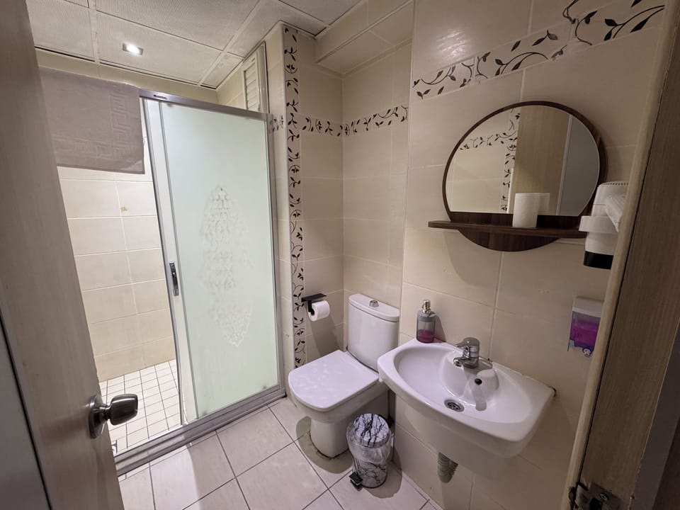 Shower, rainfall showerhead, hair dryer, slippers