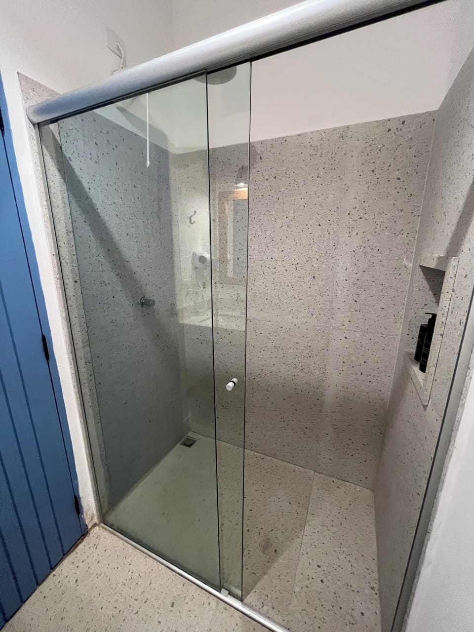 Shower, hair dryer, soap, shampoo
