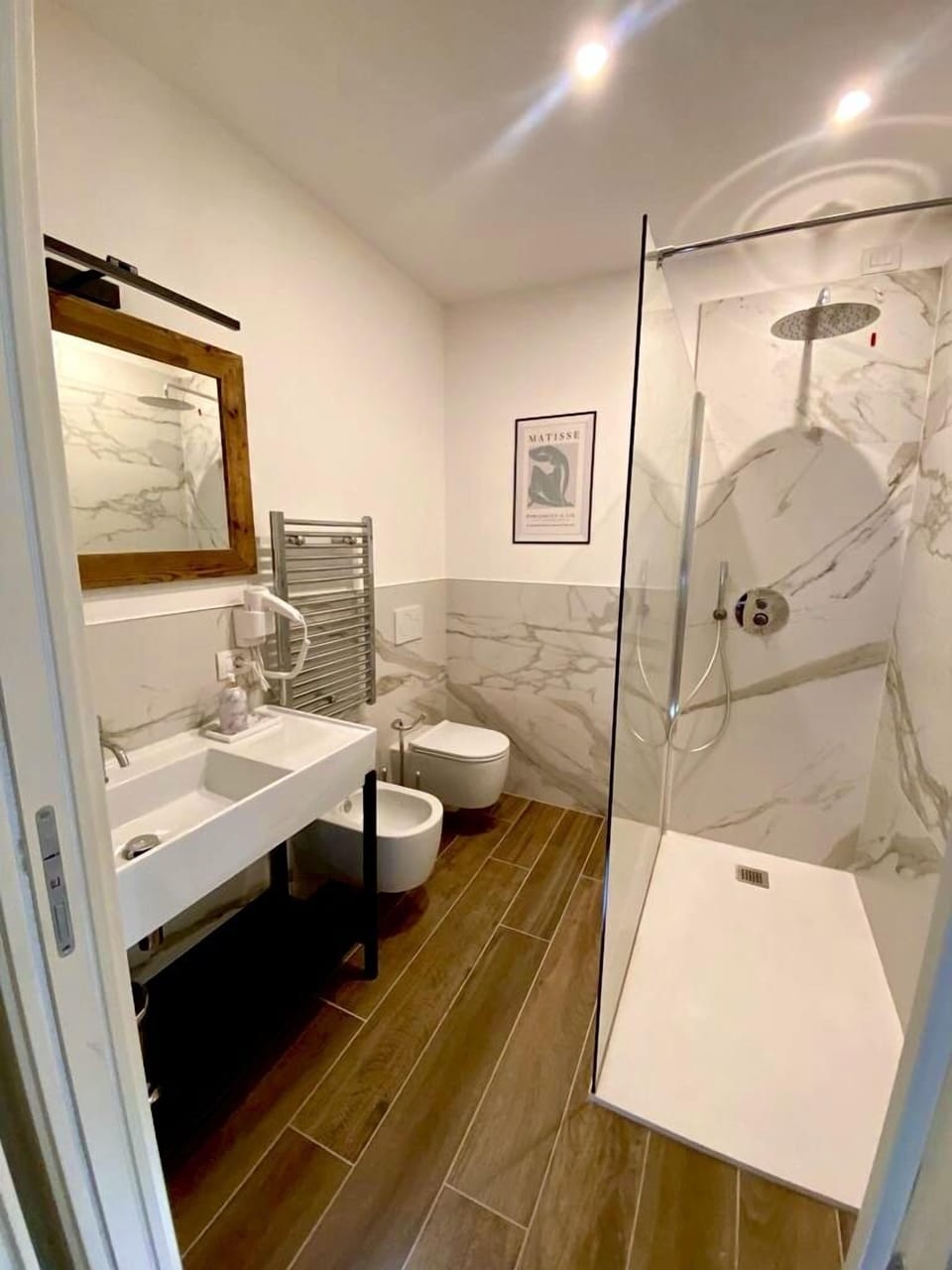 Hair dryer, bidet, towels, soap