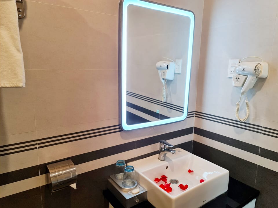Shower, rainfall showerhead, hair dryer, slippers