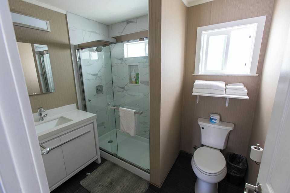Combined shower/tub, free toiletries, hair dryer, towels