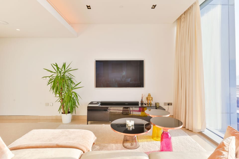 Premium Apartment, 2 Bedrooms, Balcony, Sea View | Living area | 75-inch LED TV with satellite channels, TV, Netflix