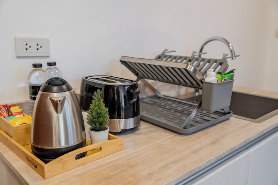 Deluxe One-Bedroom Apartment | Private kitchen | Fridge, microwave, toaster, cookware/dishes/utensils