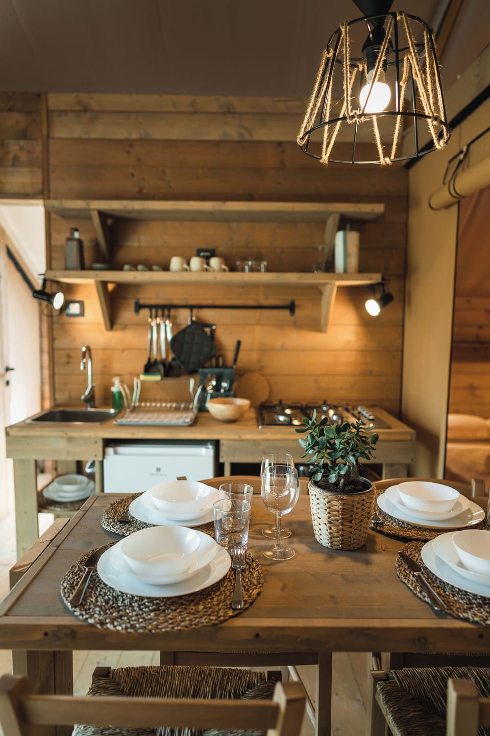 Luxury Tent, 2 Bedrooms, Air conditioning, Hill View | Private kitchen | Fridge, highchair, cookware/dishes/utensils, cleaning supplies