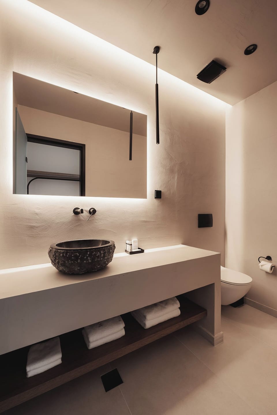 Shower, rainfall showerhead, designer toiletries, hair dryer