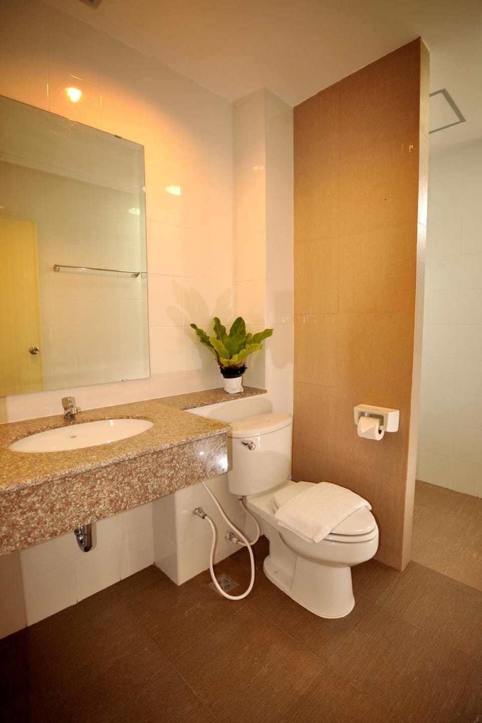 Shower, rainfall showerhead, towels