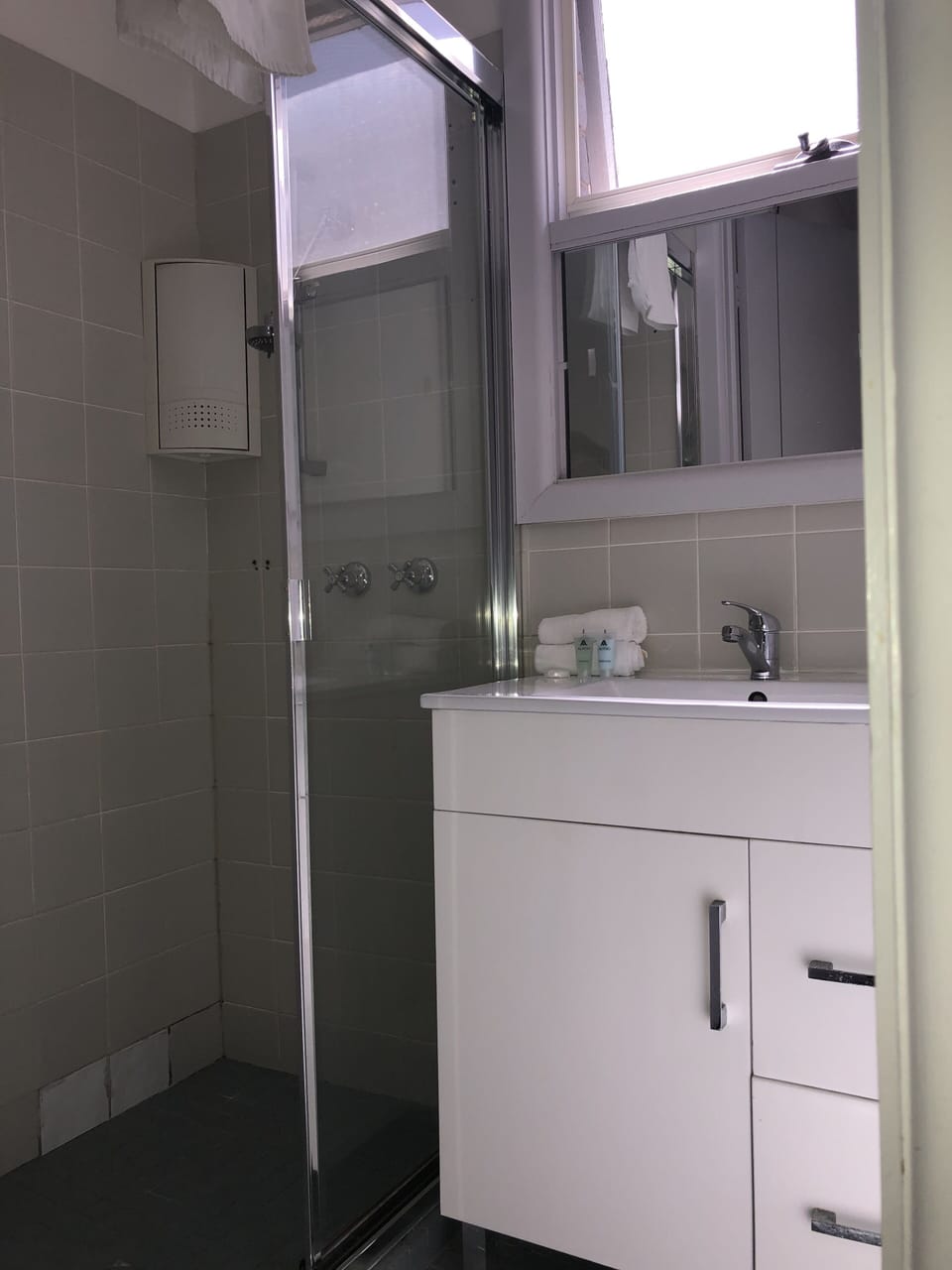 Shower, free toiletries, hair dryer, towels
