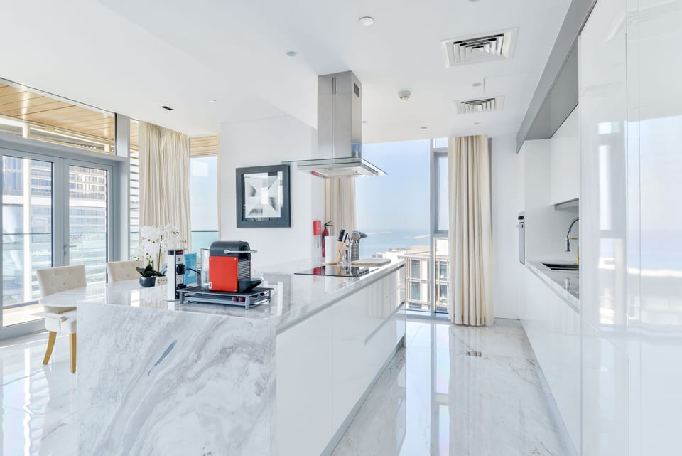 Grand Apartment, 2 Bedrooms, Sea View, Beachfront | Private kitchen | Full-size fridge, microwave, oven, stovetop