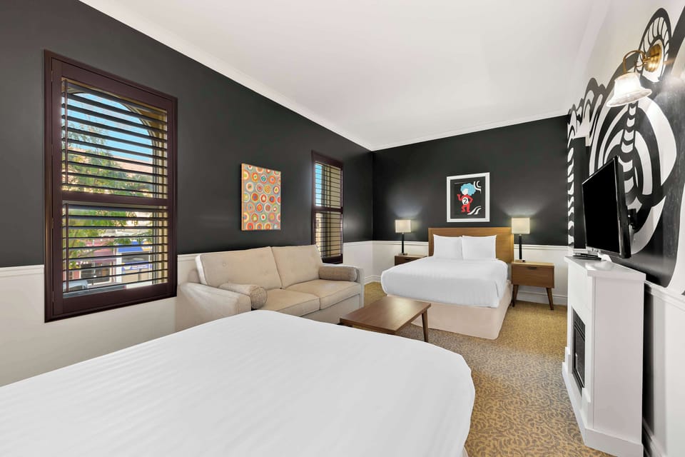 Suite, 2 Double Beds, Non Smoking | Desk, blackout drapes, iron/ironing board, bed sheets