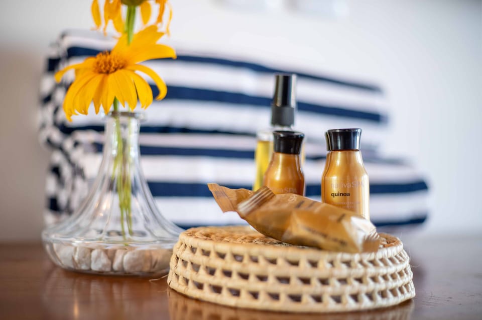 Shower, free toiletries, hair dryer, towels