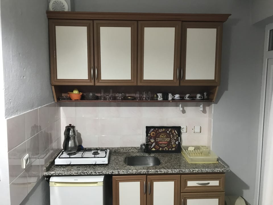 Mini-fridge, cookware/dishes/utensils, dining table