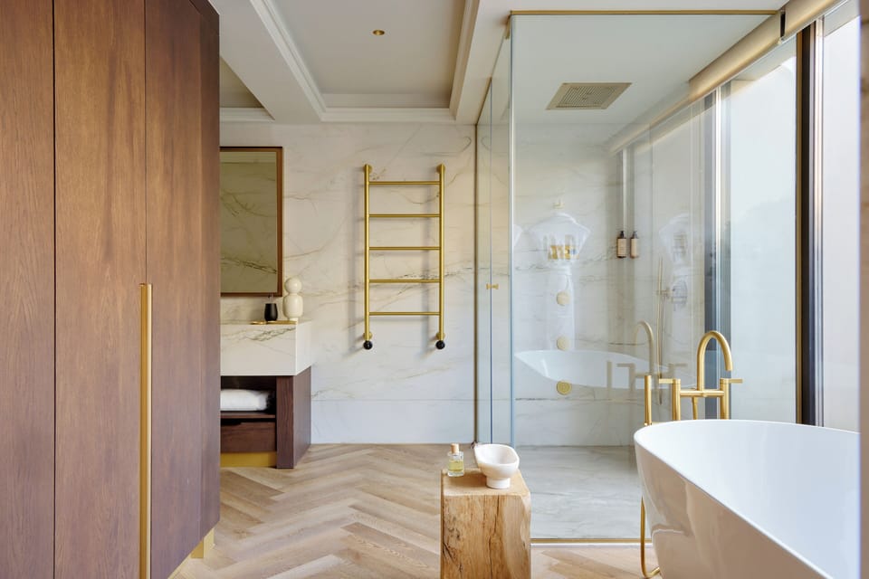 Hair dryer, bathrobes, slippers, towels