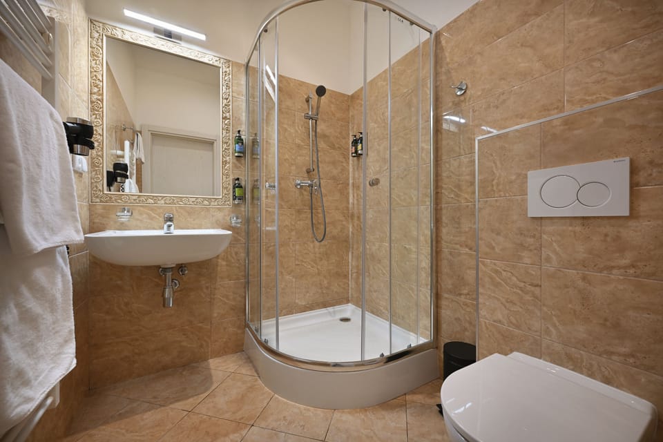 Standard Double Room | Bathroom | Designer toiletries, hair dryer, slippers, towels