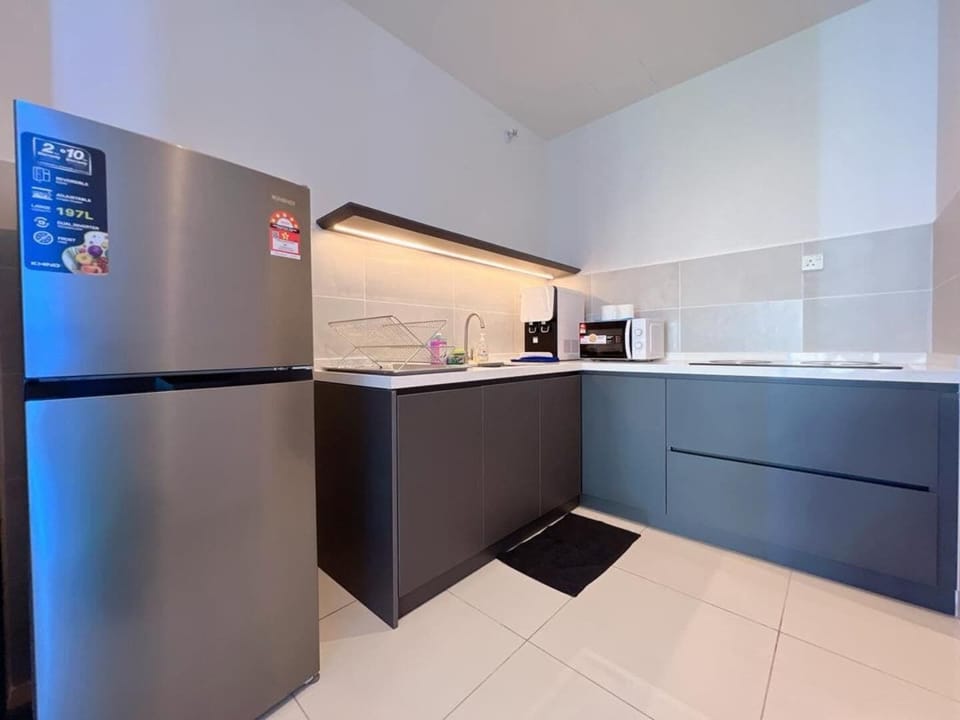 Apartment | Private kitchen | Fridge, stovetop, cookware/dishes/utensils, cleaning supplies