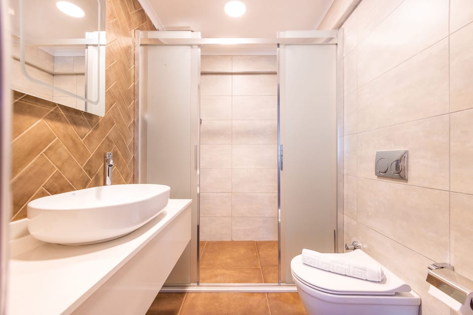 Shower, rainfall showerhead, hair dryer, slippers