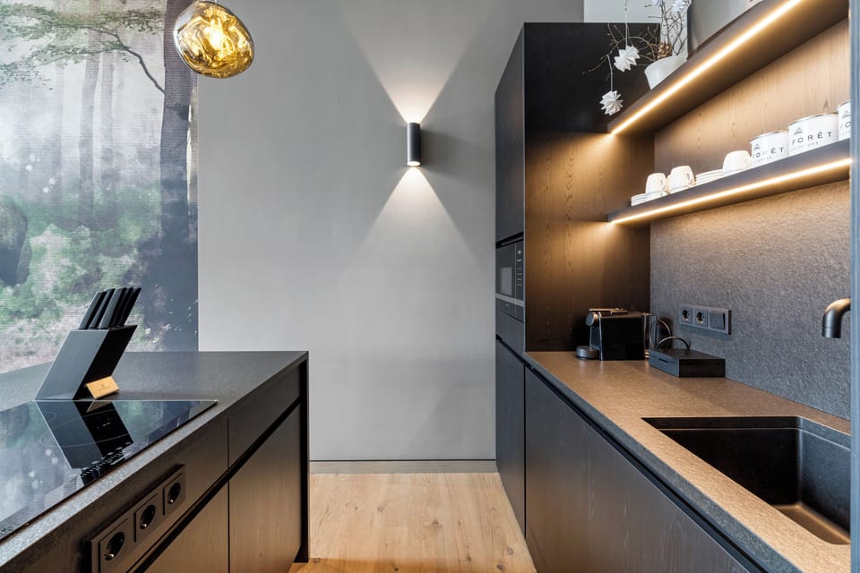 Deluxe Suite, 2 Bedrooms | Private kitchen | Dishwasher, espresso maker, electric kettle, dining tables