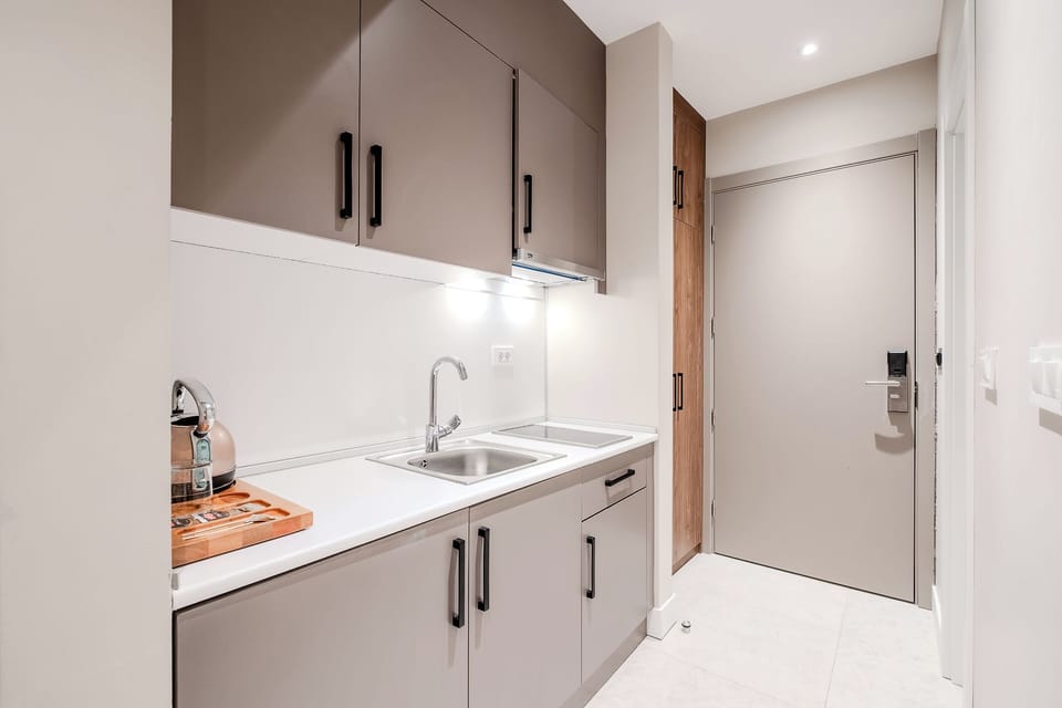 Mini-fridge, stovetop, electric kettle