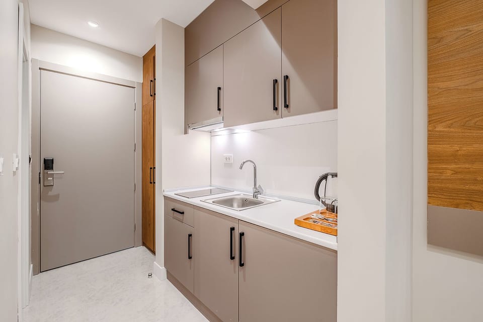 Mini-fridge, stovetop, electric kettle