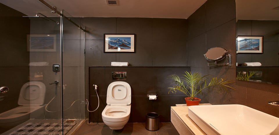 Shower, rainfall showerhead, free toiletries, hair dryer