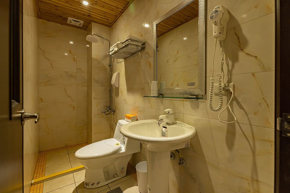 Shower, rainfall showerhead, hair dryer, slippers
