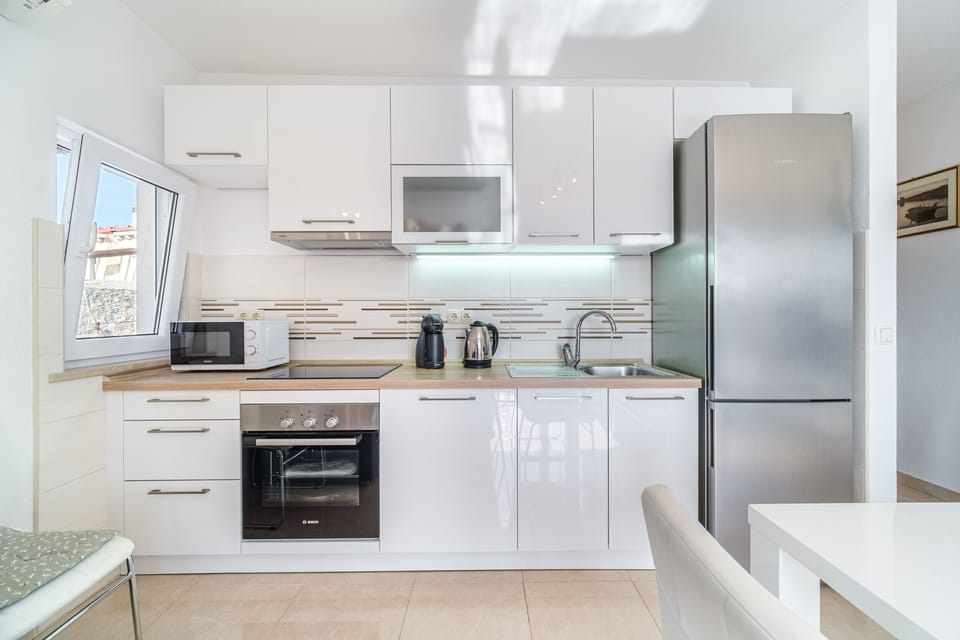 Apartment (A1) | Private kitchen | Fridge, microwave, oven, stovetop