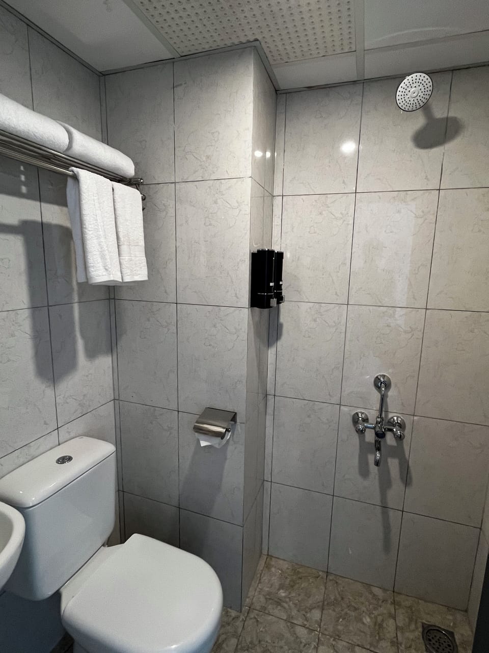 Shower, free toiletries, towels, soap
