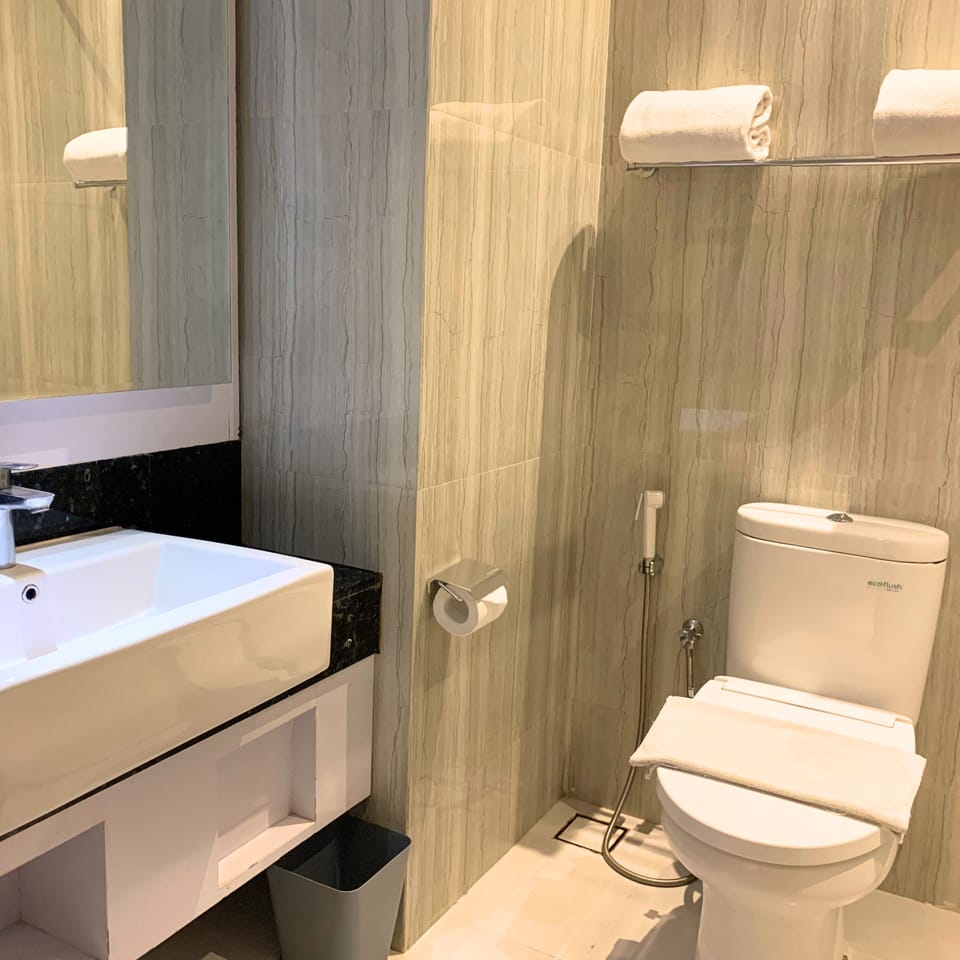 Shower, hydromassage showerhead, slippers, towels