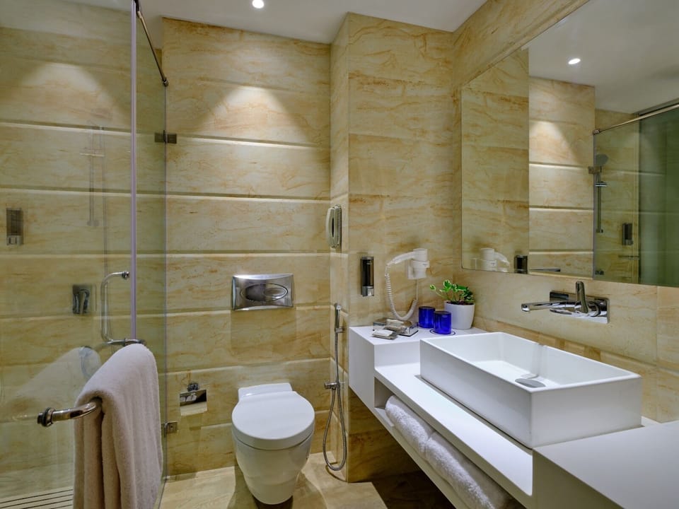 Shower, rainfall showerhead, free toiletries, hair dryer