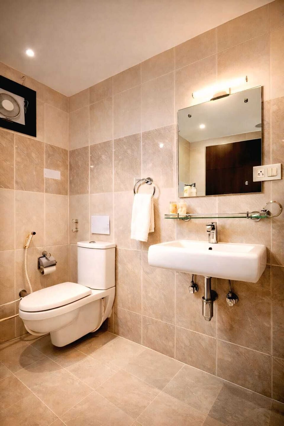 Shower, free toiletries, slippers, towels