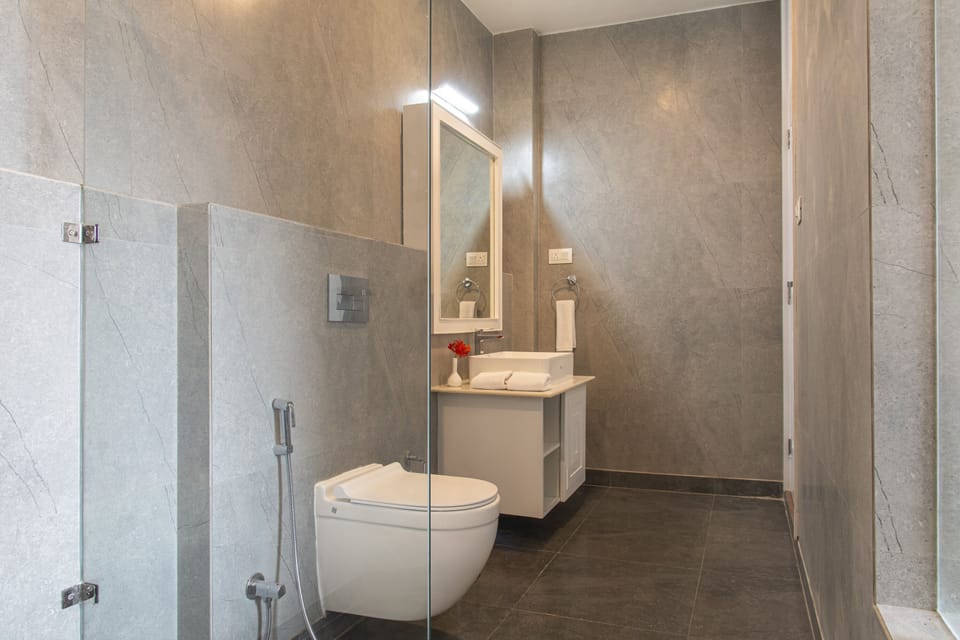 Shower, free toiletries, hair dryer, towels