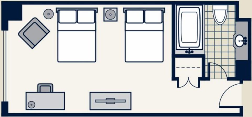 Premium bedding, desk, laptop workspace, blackout drapes