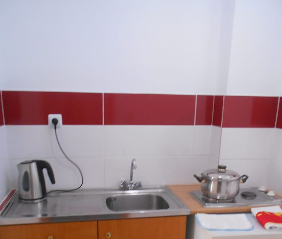 Fridge, stovetop, electric kettle, toaster