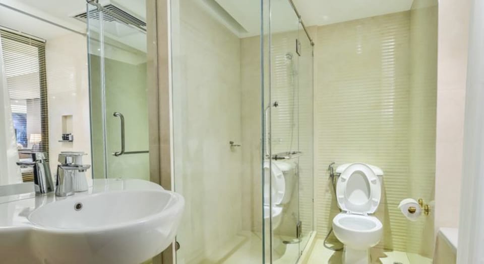 Shower, free toiletries, hair dryer, bathrobes