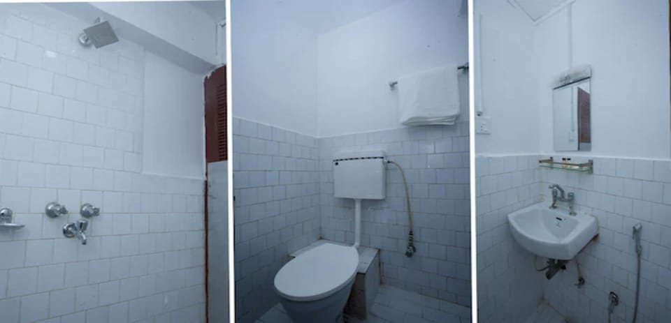 Shower, rainfall showerhead, towels, soap