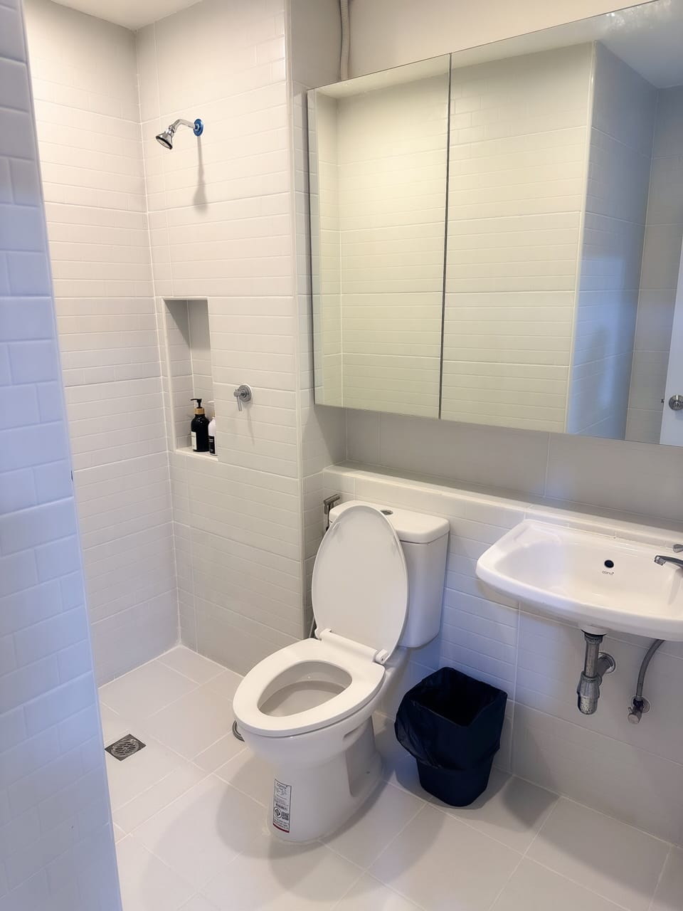 Shower, rainfall showerhead, hair dryer, slippers