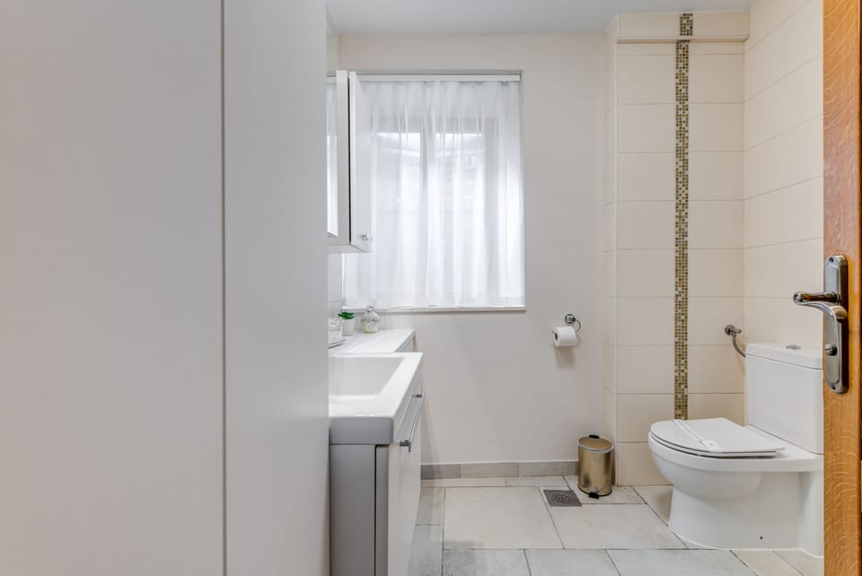 Shower, rainfall showerhead, free toiletries, hair dryer
