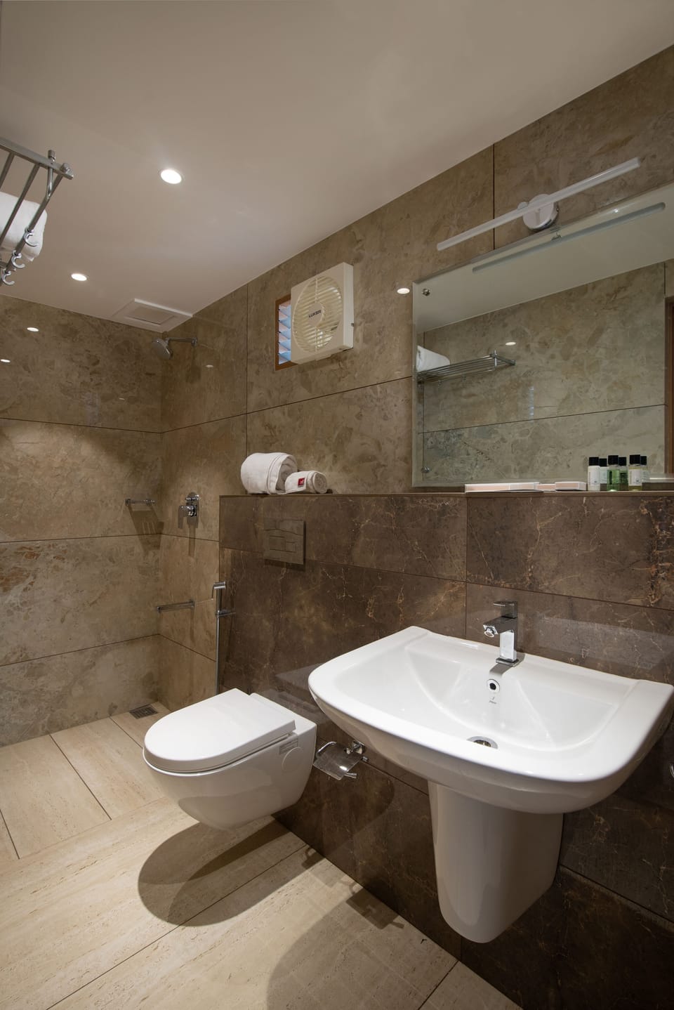 Shower, free toiletries, hair dryer, slippers