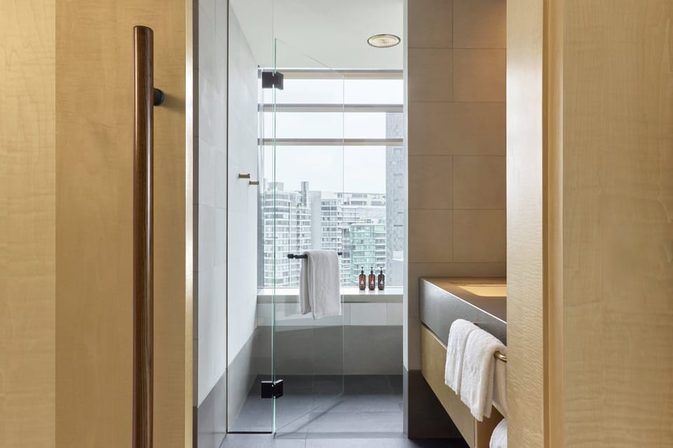 Shower, rainfall showerhead, free toiletries, hair dryer