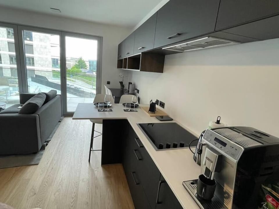 Full-size fridge, microwave, oven, dishwasher