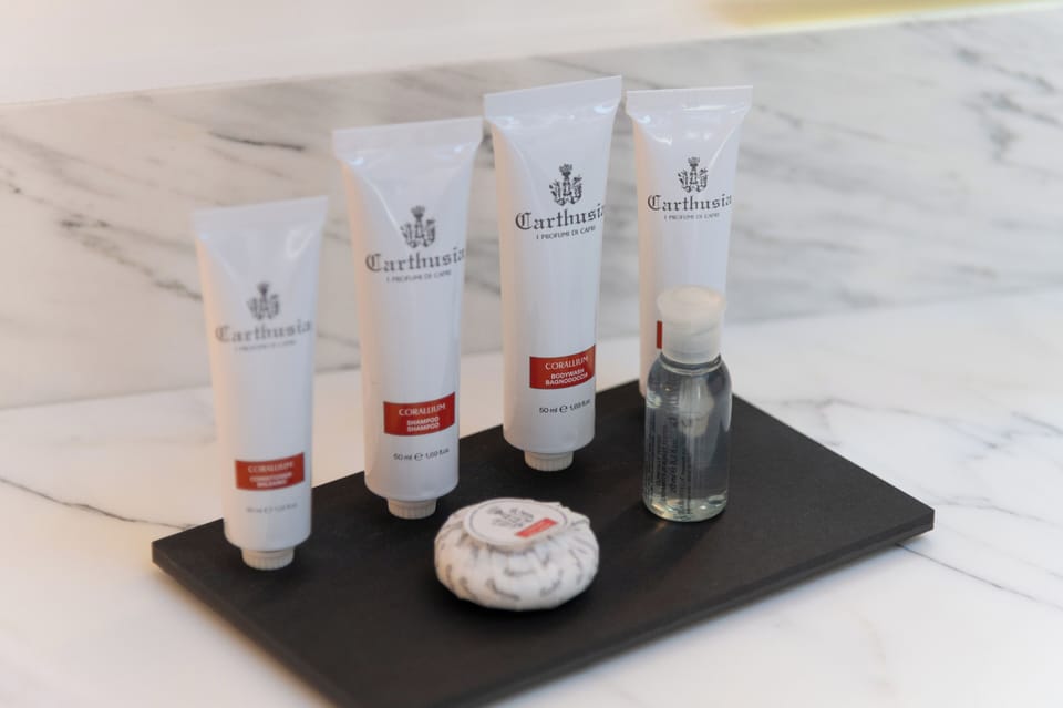 Rainfall showerhead, eco-friendly toiletries, hair dryer, bathrobes