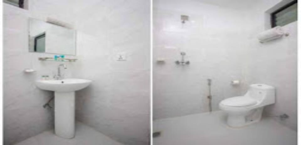 Shower, rainfall showerhead, towels, soap