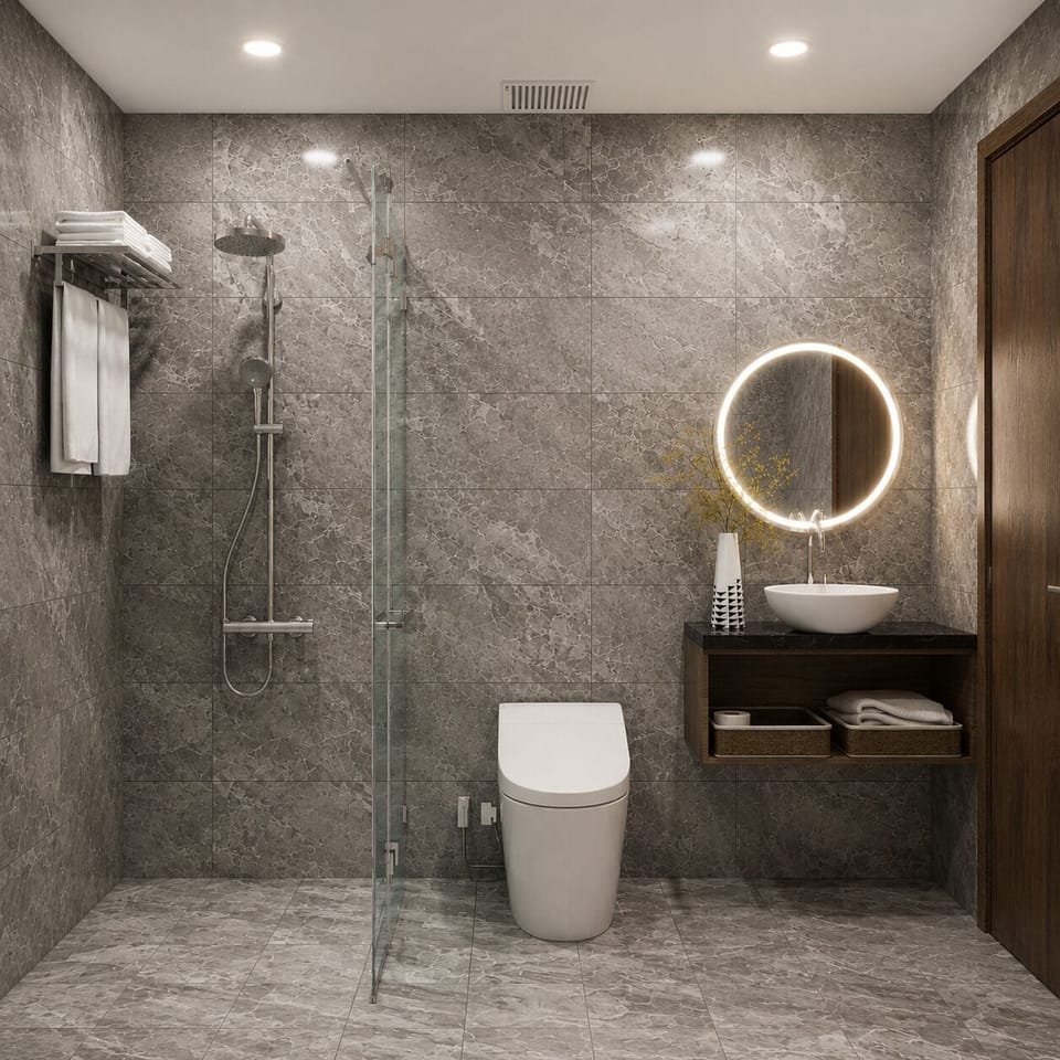 Shower, hydromassage showerhead, designer toiletries, hair dryer