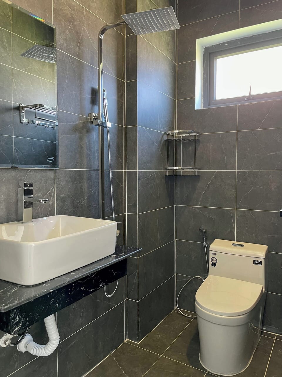 Shower, hydromassage showerhead, designer toiletries, hair dryer